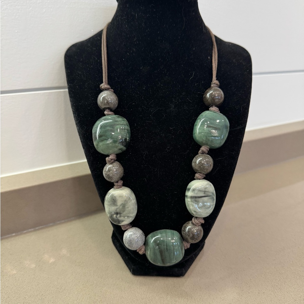 Green and Gray Beaded Stone Statement Necklace